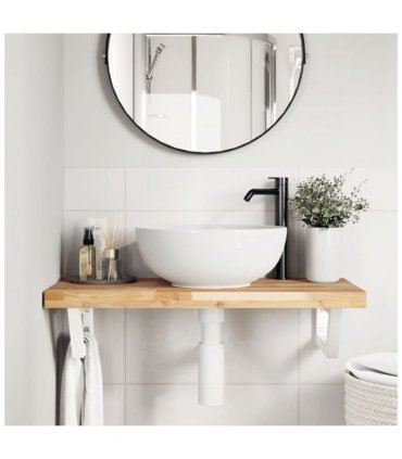 vidaXL Basin Shelf Wall Mounted Steel and Solid Wood Acacia — Colour: brown and white, Size: 80 x 40 x 4 cm, Model: trapezium