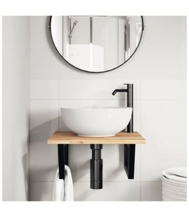 vidaXL Basin Shelf Wall Mounted Steel and Solid Wood Acacia — Colour: brown and black, Size: 50 x 50 x 2 cm, Model: trapezium