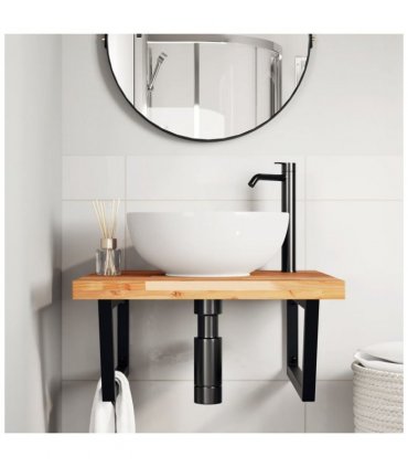 vidaXL Basin Shelf Wall Mounted Steel and Solid Wood Acac — Colour: dark brown and black, Size: 60 x 60 x 4 cm, Model: trapezium