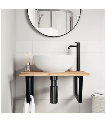vidaXL Basin Shelf Wall Mounted Steel and Solid Wood Acacia — Colour: brown and black, Size: 60 x 60 x 2 cm, Model: trapezium