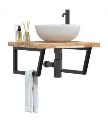 vidaXL Basin Shelf Wall Mounted Steel and Solid Wood Acacia — Colour: brown and black, Size: 60 x 60 x 4 cm, Model: trapezium