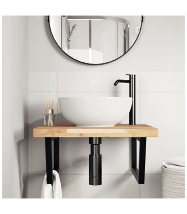 vidaXL Basin Shelf Wall Mounted Steel and Solid Wood Acacia — Colour: brown and black, Size: 60 x 60 x 4 cm, Model: trapezium