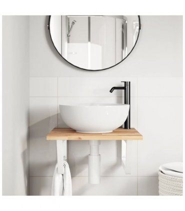 vidaXL Basin Shelf Wall Mounted Steel and Solid Wood Acacia — Colour: brown and white, Size: 50 x 50 x 2 cm, Model: trapezium
