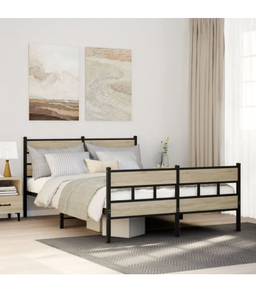 vidaXL Metal Bed Frame without Mattress Sonoma Oak 140x200 cm — Size: 140 x 200 cm, Model: with headboard & footboard