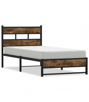 vidaXL Metal Bed Frame without Mattress Smoked Oak — Size: 90 x 190 cm, Model: with headboard & dual low footboard — V0671990262