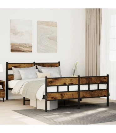 vidaXL Metal Bed Frame without Mattress Smoked Oak 140x200 cm — Size: 140 x 200 cm, Model: with headboard & footboard