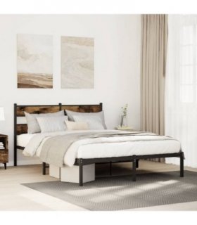 vidaXL Metal Bed Frame without Mattress Smoked Oak 140x200 cm — Size: 140 x 200 cm, Model: with headboard