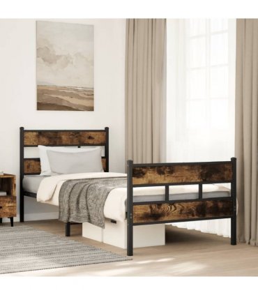vidaXL Metal Bed Frame without Mattress Smoked Oak 75x190 c — Size: 75 x 190 cm, Model: with headboard & footboard — V0671990394