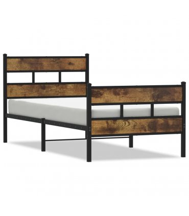 vidaXL Metal Bed Frame without Mattress Smoked Oak 75x190 c — Size: 75 x 190 cm, Model: with headboard & footboard — V0671990394