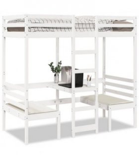 vidaXL Loft Bed Frame with Desk and Chairs White 80x200cm Solid Wood Pine — Size: 80 x 200 cm