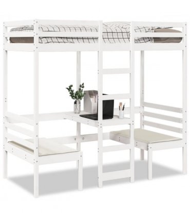 vidaXL Loft Bed Frame with Desk and Chairs White 80x200cm Solid Wood Pine — Size: 80 x 200 cm