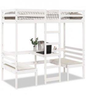 vidaXL Loft Bed Frame with Desk and Chairs White 90x200cm Solid Wood Pine — Size: 90 x 200 cm