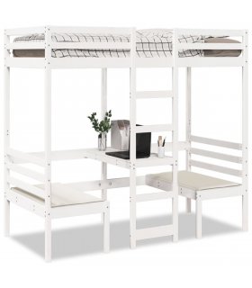 vidaXL Loft Bed Frame with Desk and Chairs White 75x190cm Solid Wood Pine — Size: 75 x 190 cm