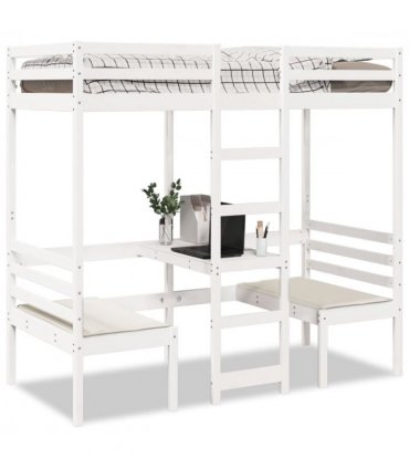 vidaXL Loft Bed Frame with Desk and Chairs White 75x190cm Solid Wood Pine — Size: 75 x 190 cm