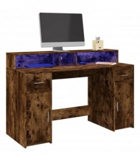 vidaXL Desk with LED Lights Smoked Oak 140x55x91 cm Engineered Wood — Size: 140 x 55 x 91 cm