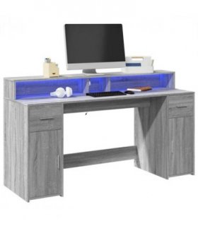 vidaXL Desk with LED Lights Grey Sonoma 160x55x91 cm Engineered Wood — Size: 160 x 55 x 91 cm