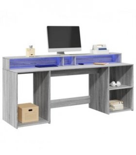vidaXL Desk with LED Lights Grey Sonoma 200x55x91 cm Engineered Wood — Size: 200 x 55 x 91 cm
