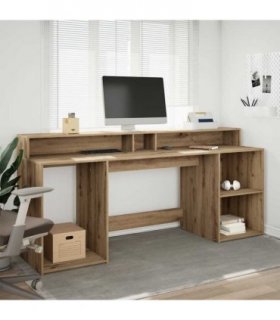 vidaXL Desk with LED Lights Artisian Oak 200x55x91 cm Engineered Wood — Colour: Artisan oak, Size: 200 x 55 x 91 cm