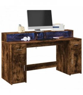 vidaXL Desk with LED Lights Smoked Oak 160x55x91 cm Engineered Wood — Size: 160 x 55 x 91 cm