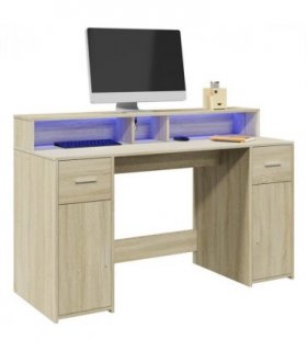vidaXL Desk with LED Lights Sonoma Oak 140x55x91 cm Engineered Wood — Size: 140 x 55 x 91 cm