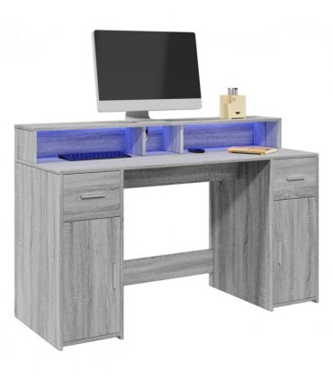 vidaXL Desk with LED Lights Grey Sonoma 140x55x91 cm Engineered Wood — Size: 140 x 55 x 91 cm