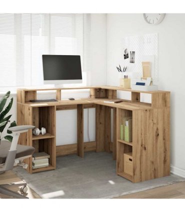 vidaXL Desk with LED Lights Artisian Oak 130x130x91 cm Engineered Wood — Colour: artisan oak