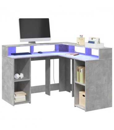 vidaXL Desk with LED Lights Concrete Grey 130x130x91 cm Engineered Wood