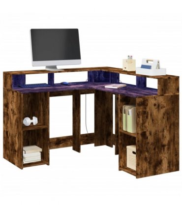 vidaXL Desk with LED Lights Smoked Oak 130x130x91 cm Engineered Wood