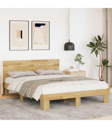 vidaXL Bed Frame with Headboard without Mattress 135x190 cm Solid Wood Oak — Size: 135 x 190 cm