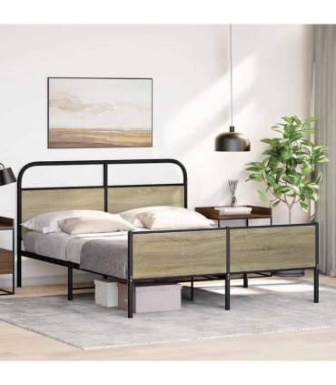 vidaXL Metal Bed Frame without Mattress Sonoma Oak 16 — Size: 160 x 200 cm, Model: with headboard & high footboard — V0671991790