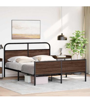 vidaXL Metal Bed Frame without Mattress Brown Oak 160x200 cm — Size: 160 x 200 cm, Model: with headboard & high footboard