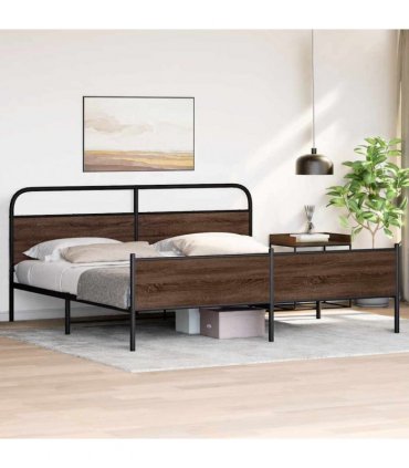 vidaXL Metal Bed Frame without Mattress Brown Oak 180x200 cm Super — Size: 180 x 200 cm, Model: with headboard & high footboard