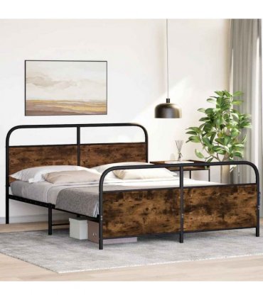 vidaXL Metal Bed Frame without Mattress Smoked Oak 160x200 cm — Size: 160 x 200 cm, Model: with headboard & footboard