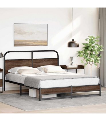vidaXL Metal Bed Frame without Mattress Brown Oak — Size: 160 x 200 cm, Model: with headboard & dual low footboard — V0671991828