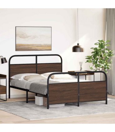 vidaXL Metal Bed Frame without Mattress Brown Oak 140x190 cm — Size: 140 x 190 cm, Model: with headboard & footboard