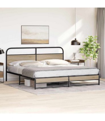 vidaXL Metal Bed Frame without Mattress Smoked Oak 18 — Size: 180 x 200 cm, Model: with headboard & high footboard — V0671991834