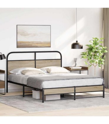 vidaXL Metal Bed Frame without Mattress Smoked Oak 16 — Size: 160 x 200 cm, Model: with headboard & high footboard — V0671991845