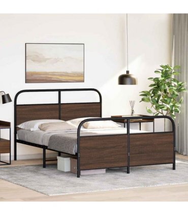 vidaXL Metal Bed Frame without Mattress Brown Oak 140x200 cm — Size: 140 x 200 cm, Model: with headboard & footboard
