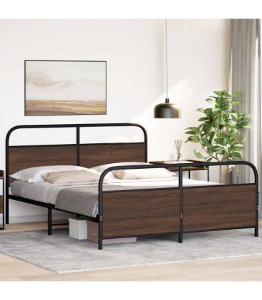 vidaXL Metal Bed Frame without Mattress Brown Oak 160x200 — Size: 160 x 200 cm, Model: with headboard & footboard — V0671991852