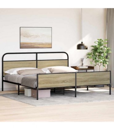 vidaXL Metal Bed Frame without Mattress Sonoma Oak 180x200 cm Super — Size: 180 x 200 cm, Model: with headboard & high footboard