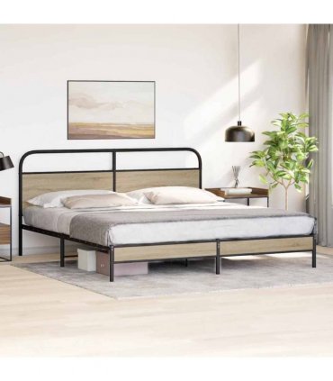 vidaXL Metal Bed Frame without Mattress Smoked Oak 180x200 cm Super — Size: 180 x 200 cm, Model: with headboard & low footboard