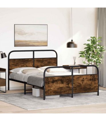 vidaXL Metal Bed Frame without Mattress Smoked Oak 140x190 cm — Size: 140 x 190 cm, Model: with headboard & footboard