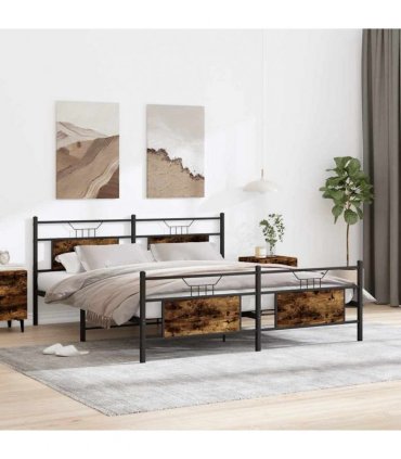 vidaXL Metal Bed Frame without Mattress Smoked Oak 160x200 — Size: 160 x 200 cm, Model: with headboard & footboard — V0671993280