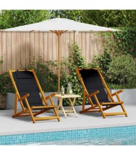 vidaXL Beach Chair with Cushion Folding 2 pcs Brown Solid Acacia Wood — Colour: Black
