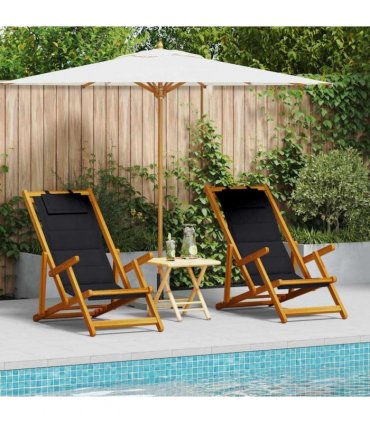vidaXL Beach Chair with Cushion Folding 2 pcs Brown Solid Acacia Wood — Colour: Black