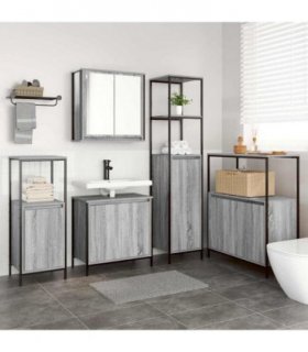 vidaXL Bathroom Furniture Set with Shelf 5 pcs Grey Sonoma and Black — Model: Basin cabinet +wall cabinet +3 bathroom cabinets