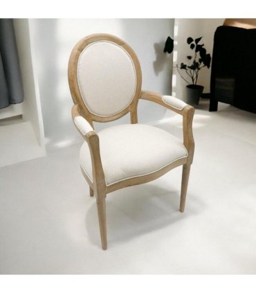 Elegant and Comfortable 94CM Louis Style Cream Linen Armchair - Oak/Grey Frame French Style Dining Chair with High Back Design for Modern Home Décor or Dining Spaces (Oak Frame Cream Linen)