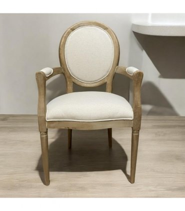 Elegant and Comfortable 94CM Louis Style Cream Linen Armchair - Oak/Grey Frame French Style Dining Chair with High Back Design for Modern Home Décor or Dining Spaces (Oak Frame Cream Linen)