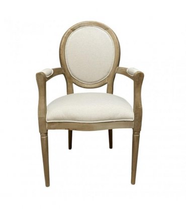 Elegant and Comfortable 94CM Louis Style Cream Linen Armchair - Oak/Grey Frame French Style Dining Chair with High Back Design for Modern Home Décor or Dining Spaces (Oak Frame Cream Linen)