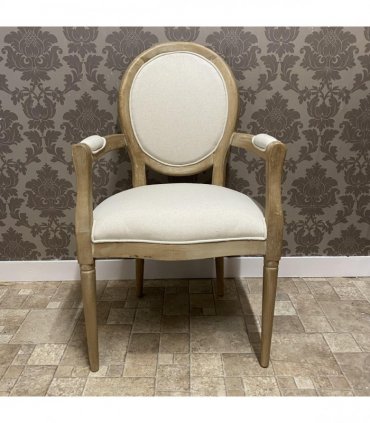 Elegant and Comfortable 94CM Louis Style Cream Linen Armchair - Oak/Grey Frame French Style Dining Chair with High Back Design for Modern Home Décor or Dining Spaces (Oak Frame Cream Linen)